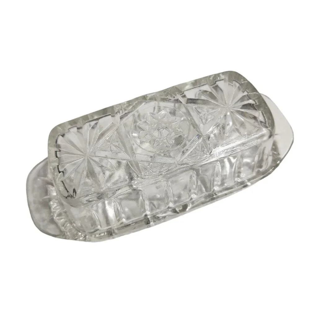 Vintage Butter Dish Anchor Hocking Star Of David Cut Crystal Glass With Lid